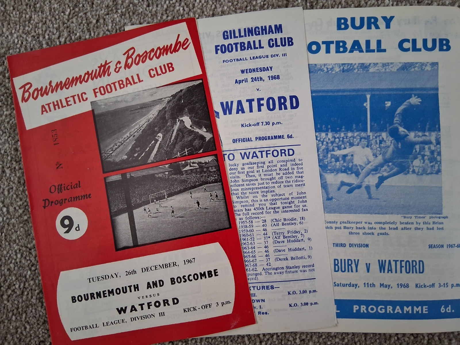 3 Watford away football programmes season 1967/68 Bournemouth/Bury/Gillingham for sale on Ebay