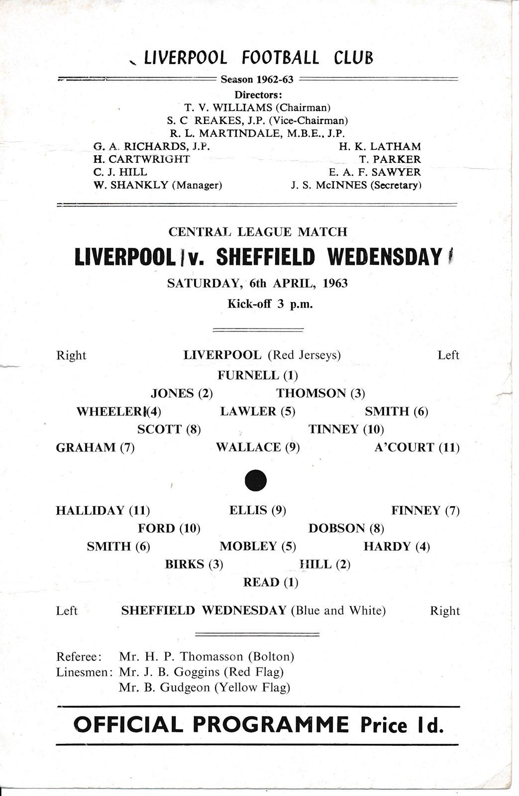 Liverpool Reserves v Sheffield Wednesday (Central League) 1962/1963 for sale on Ebay