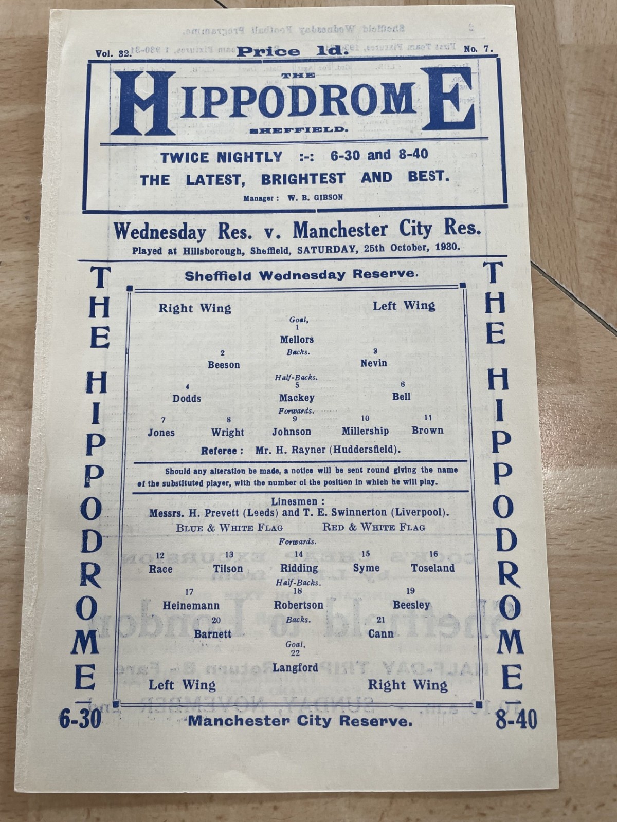 1930/31 SHEFFIELD WEDNESDAY RESERVES V MANCHESTER CITY RESERVES for sale on Ebay