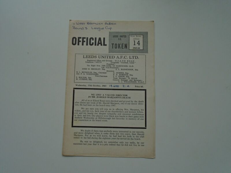 LEEDS UNITED V WEST BROMWICH ALBION 1965-66 LEAGUE CUP  3RD ROUND for sale on Ebay