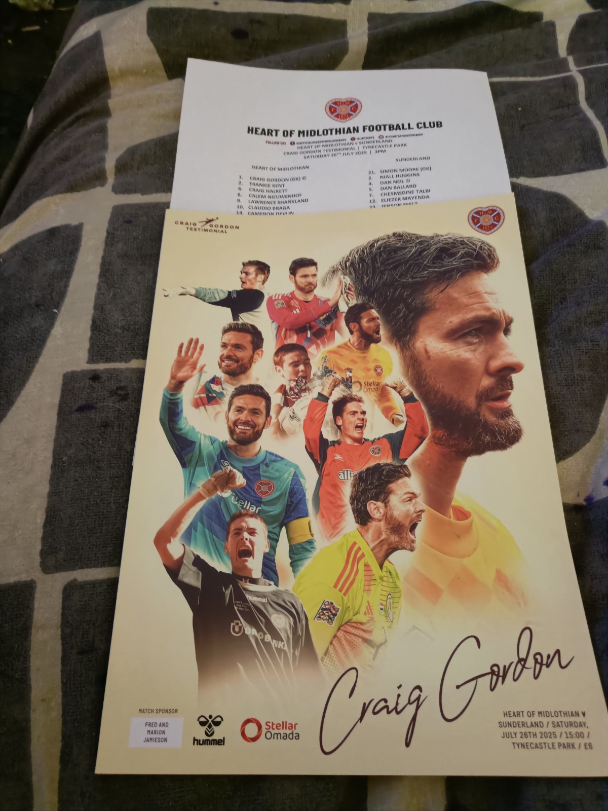 Hearts v Sunderland Gordon Testimonial Saturday 26th July 2025@Colour T/Sheet. for sale on Ebay