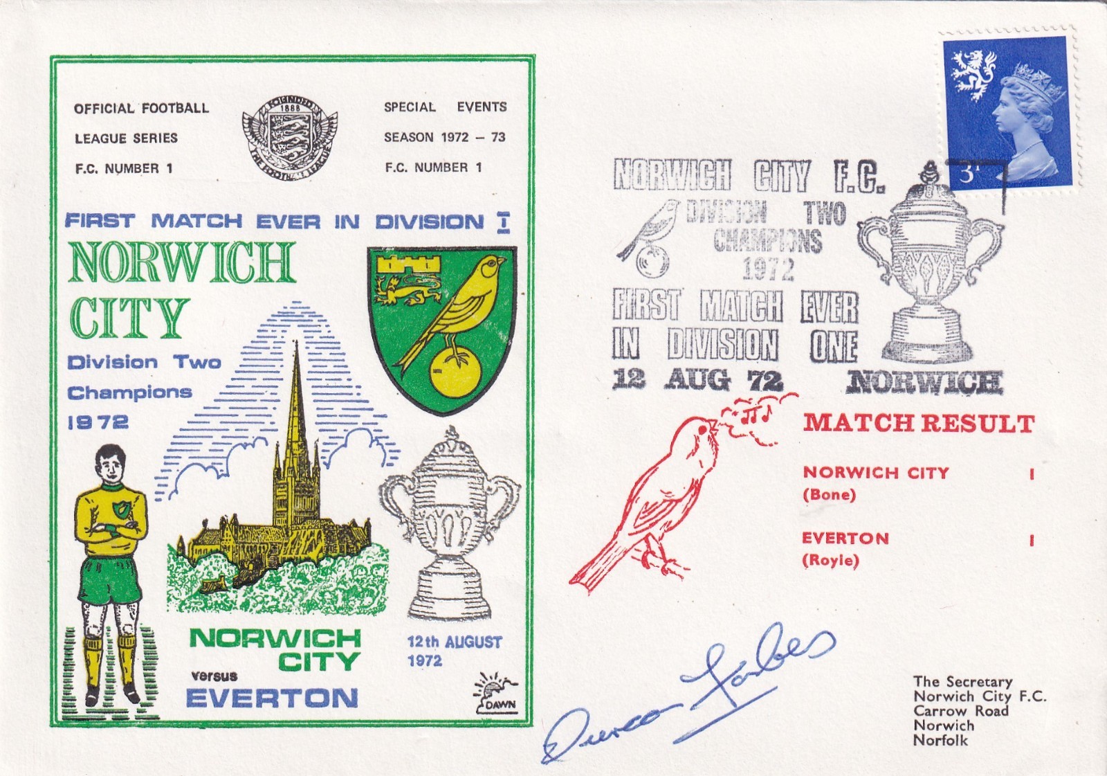 Norwich City Div 2 Champions v Everton Signed by Duncan Forbes Captain for sale on Ebay