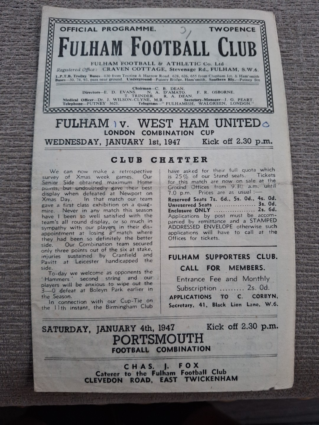 Fulham Reserves v West Ham United Res programme.  1/1/1947 for sale on Ebay