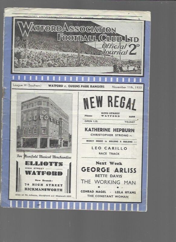 WATFORD v QUEENS PARK RANGERS (QPR) - 11 NOVEMBER 1933 - RARE PROGRAMME for sale on Ebay