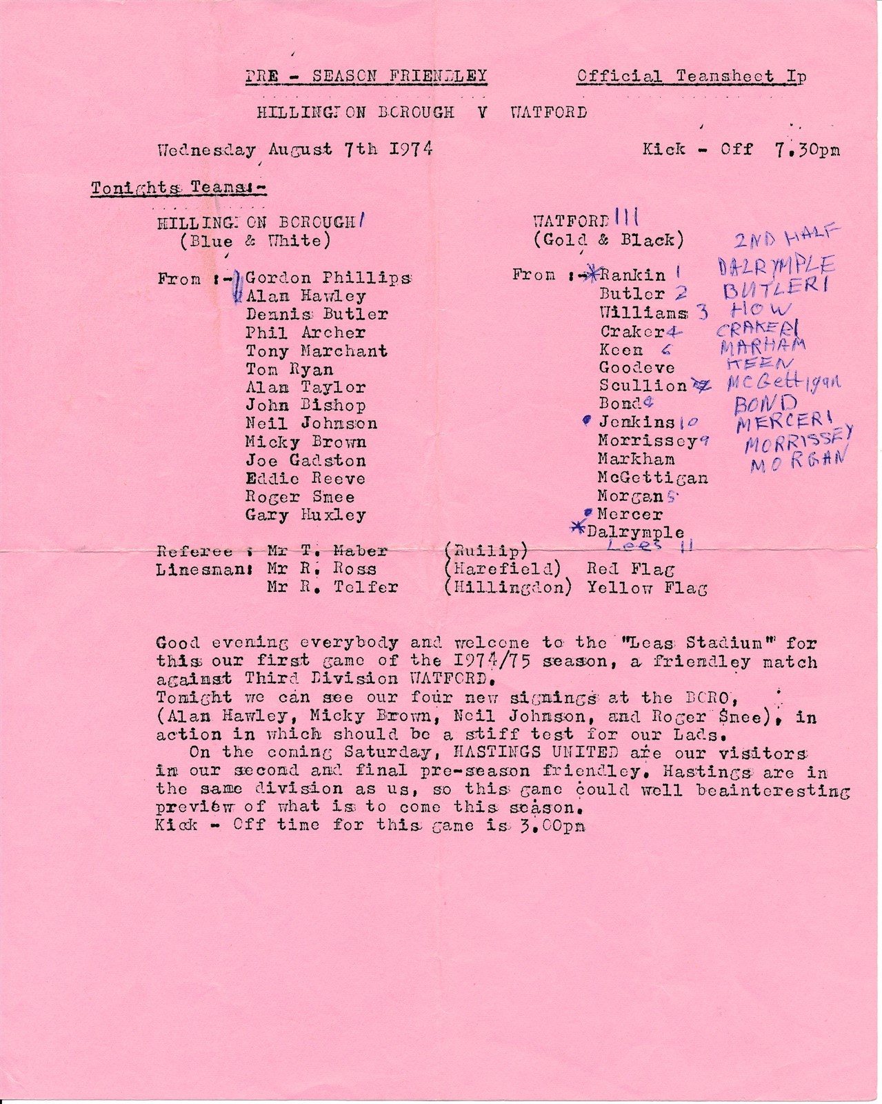 Hillingdon Borough v Watford (Friendly) 1974/1975 - single sheet programme for sale on Ebay