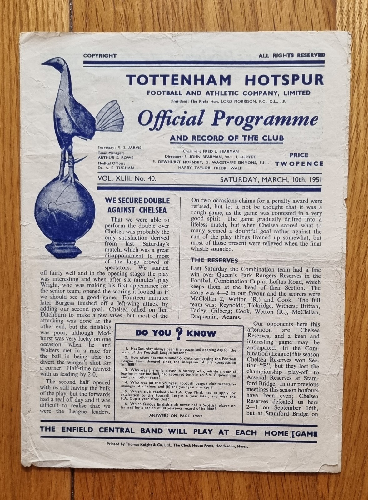 Tottenham/Spurs Res. v Chelsea 1950/51 FCC for sale on Ebay