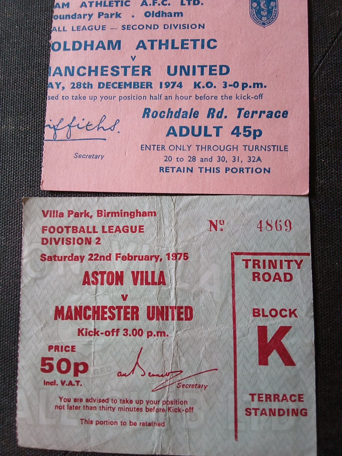 Manchester United 1974/75 2nd division away tickets at Villa and Oldham for sale on Ebay