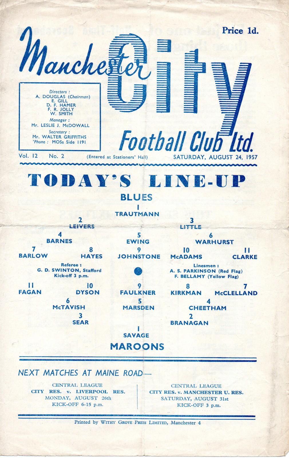 Manchester City - Public Practice Match Blues v Maroons 24/8/1957 for sale on Ebay