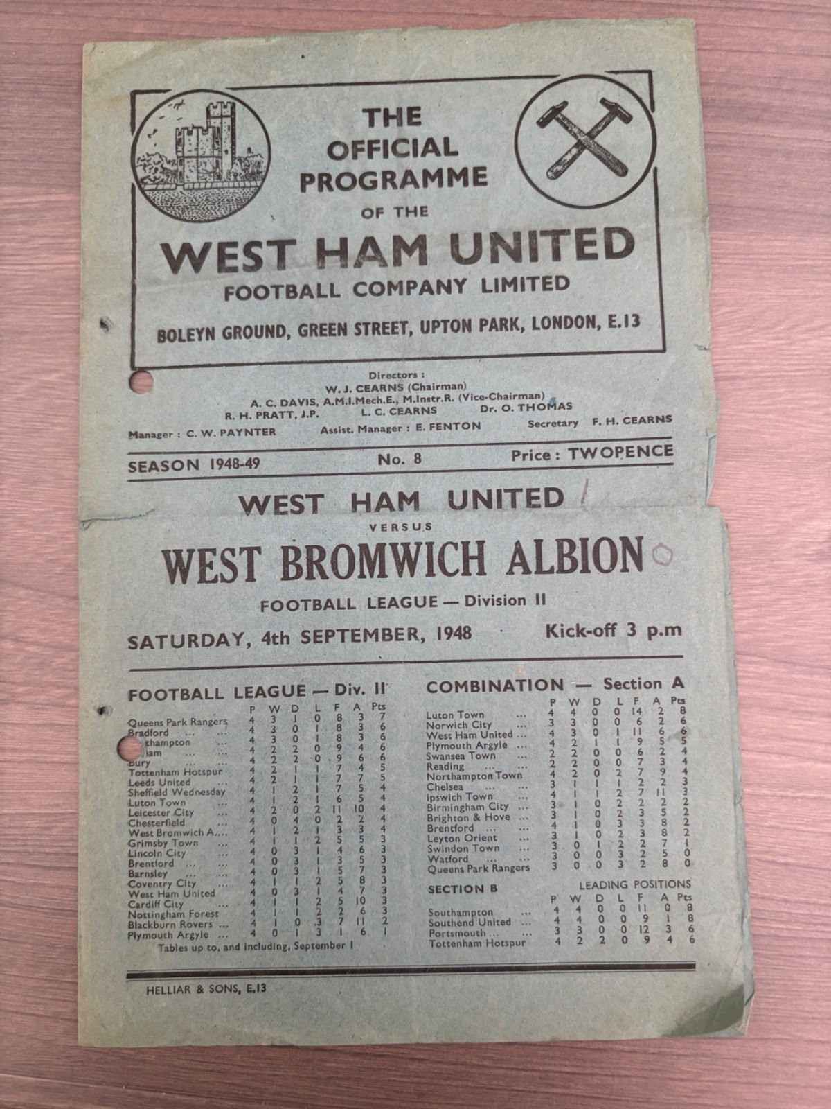 West Ham United v West Bromwich programme 1948/49 for sale on Ebay