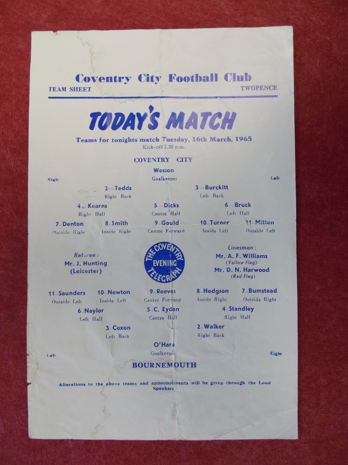 COVENTRY CITY v BOURNEMOUTH | 1964/1965 | RESERVES | 16 MAR 1965 | UK FREEPOST for sale on Ebay