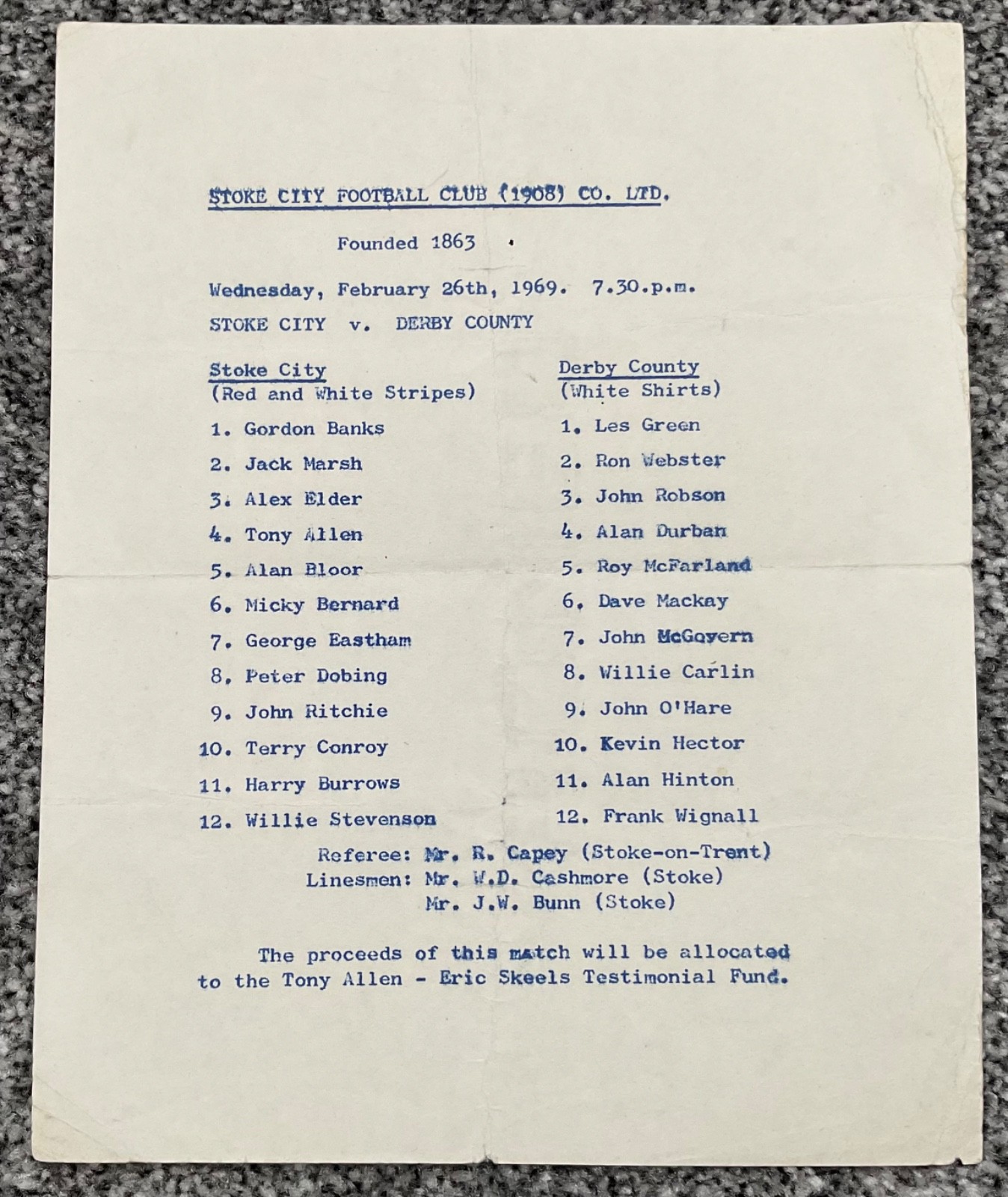 Stoke City v Derby County (Allen / Skeels Testimonial) 1968/69 RARE Single Sheet for sale on Ebay