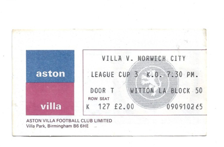 Aston Villa v Norwich City 1976/77 League Cup TICKET for sale on Ebay