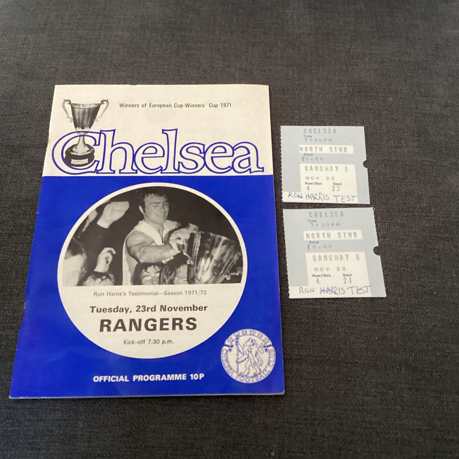 1971/2 Chelsea v Rangers. Ron Harris testimonial plus two match tickets. for sale on Ebay