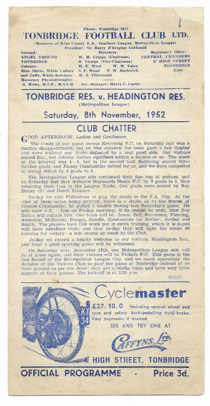 1952/53 Metropolitan League - TONBRIDGE Reserves v. HEADINGTON UNITED Reserves for sale on Ebay