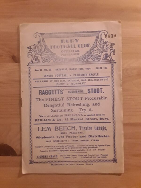 Bury F.C. v Plymouth Argyle, 10th March 1934. Rare Football Programme for sale on Ebay