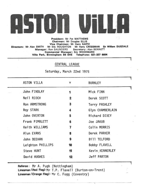 Aston Villa res v Burnley res 1974/75 for sale on Ebay