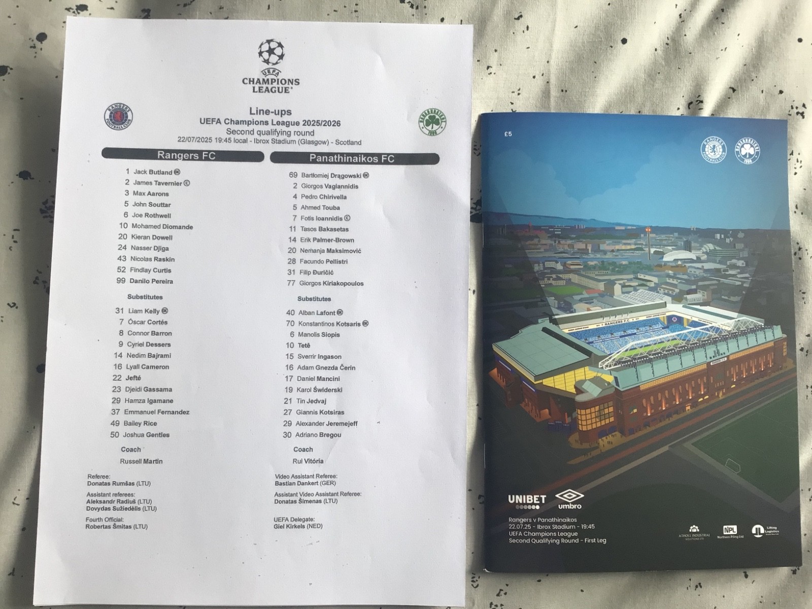 Rangers V Panathinaikos Champions League Programme And Team Sheet 22 July 2025 for sale on Ebay