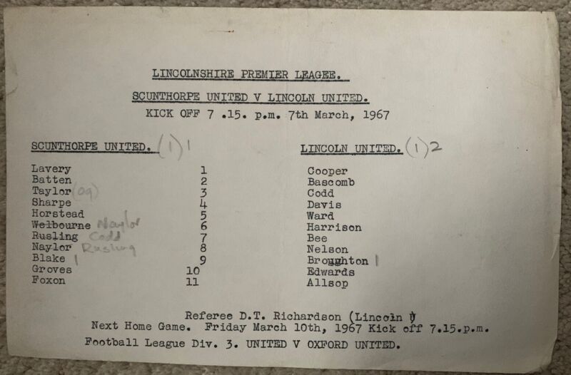 Scunthorpe United v Lincoln United Lincolnshire Premier League 7th March 1967 for sale on Ebay