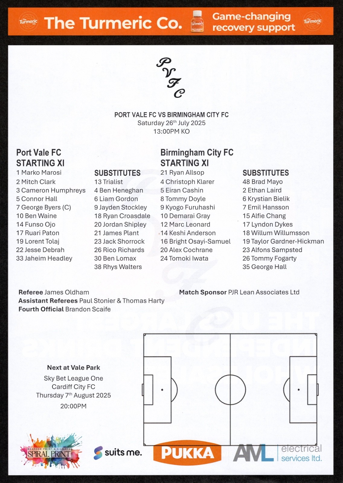 2025-26 PORT VALE v BIRMINGHAM CITY  Friendly Official TeamSheet  26 July 2025 for sale on Ebay