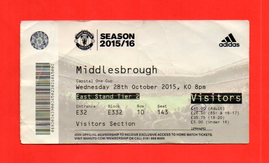 2015/16 MANCHESTER UNITED 0-0 MIDDLESBROUGH 1-3 PENS LEAGUE CUP 4TH RD 28.10.15  for sale on Ebay