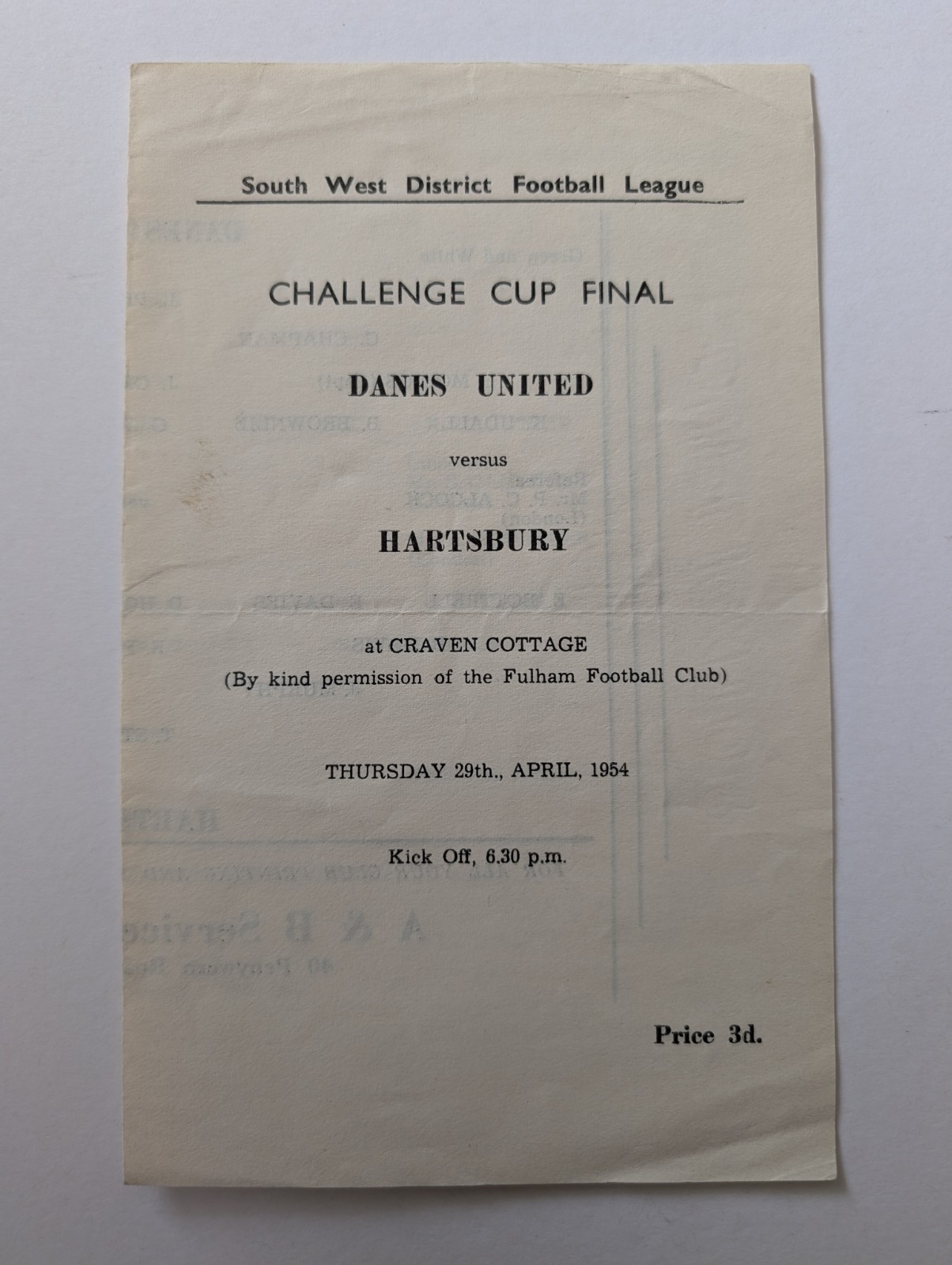 at Fulham Danes United v Hartsbury 29 April 1954 Football Programme  for sale on Ebay