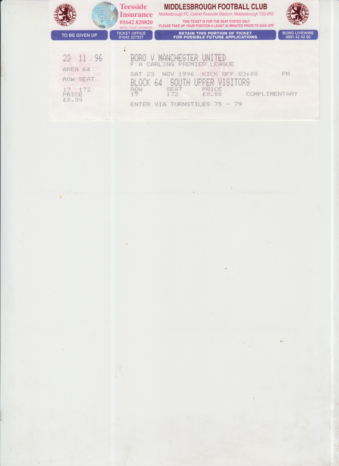 23  11  96  Middlesbrough  v  Man  Utd      match  ticket for sale on Ebay
