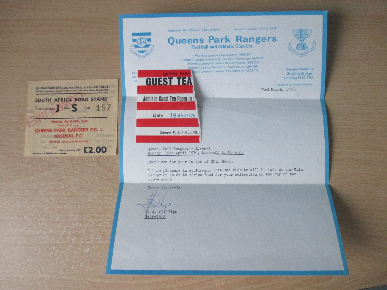 Queens Park Rangers v Arsenal 1976 Div 1 used ticket & pass & QPR letter 1975/76 for sale on Ebay