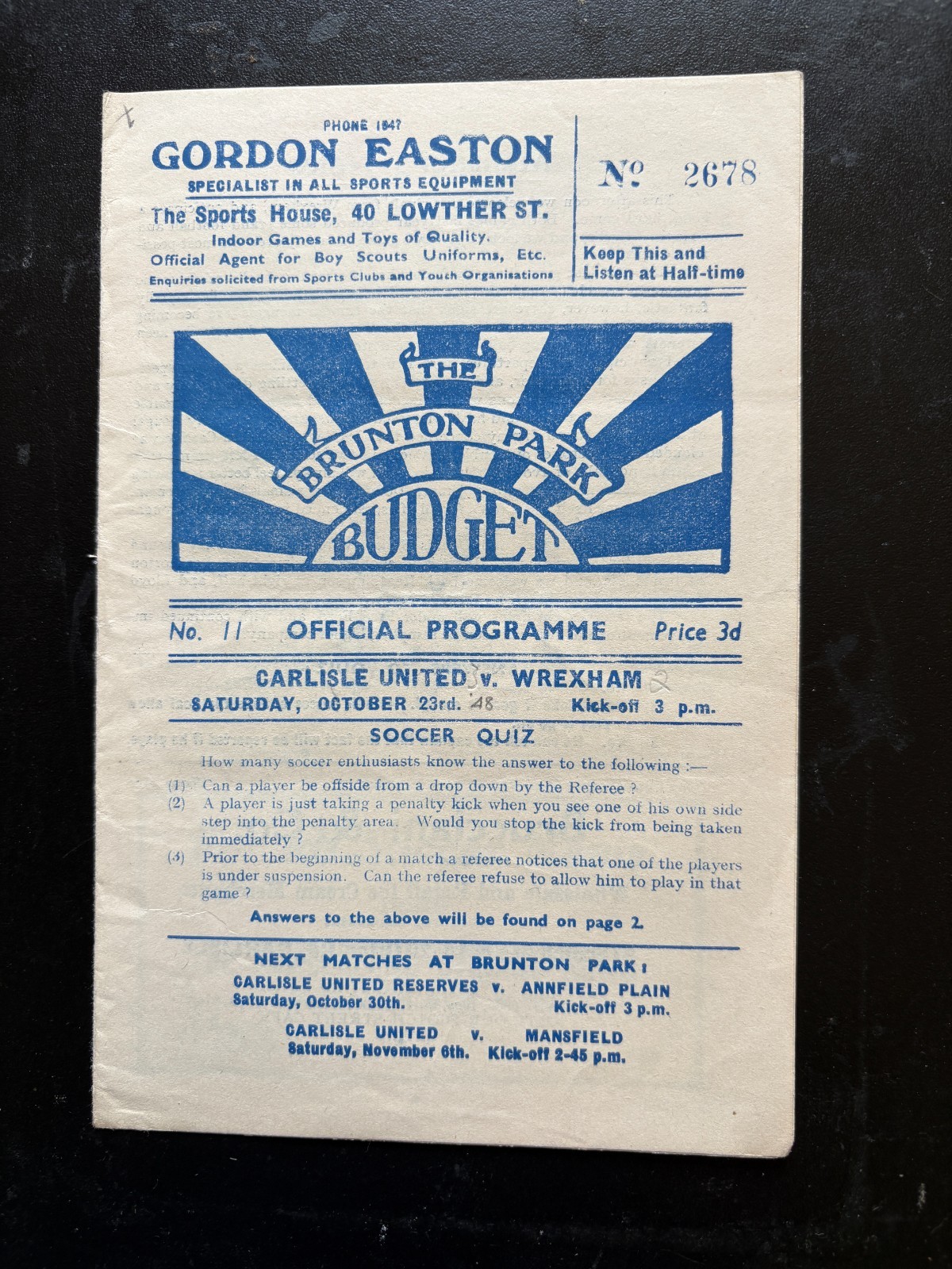 1948-49 Carlisle United v Wrexham for sale on Ebay