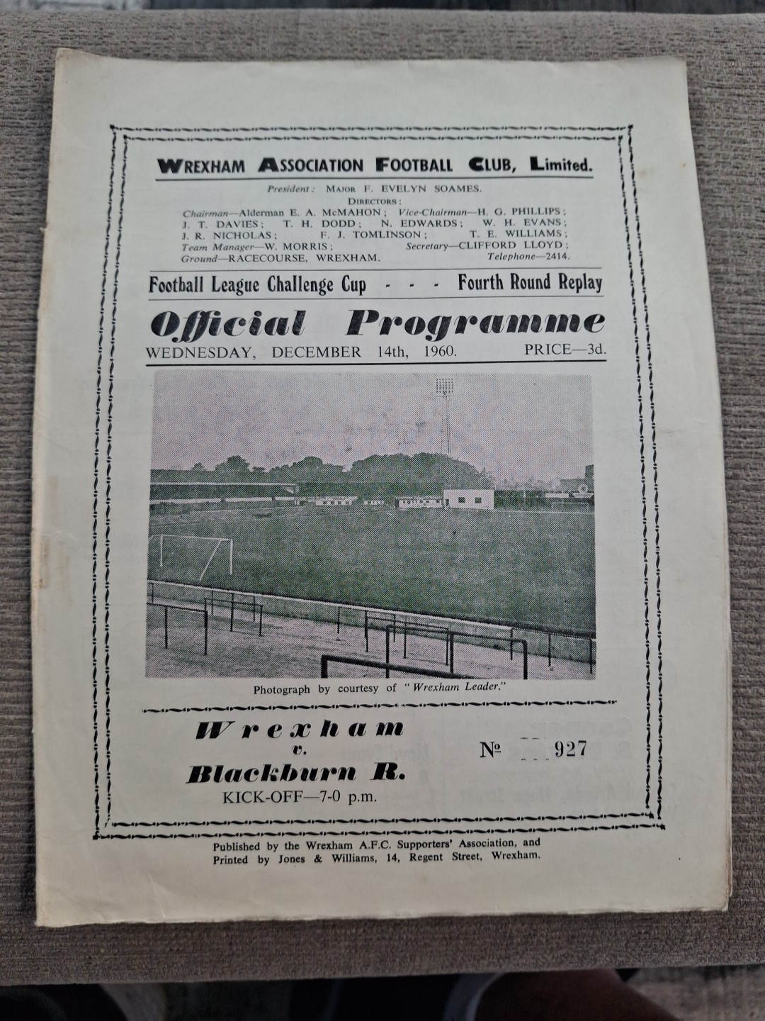Wrexham v Blackburn Rovers programme.  14/12/1960 League Cup Replay  for sale on Ebay