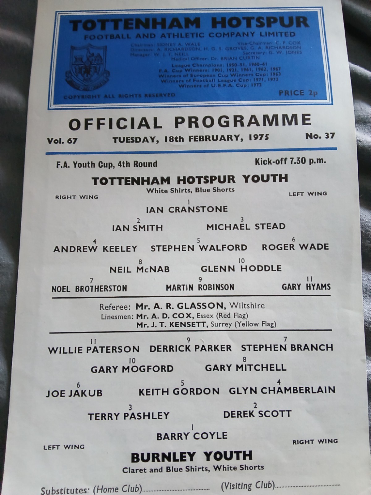 Tottenham youth v Burnley FA youth cup 1974/75 single sheet for sale on Ebay