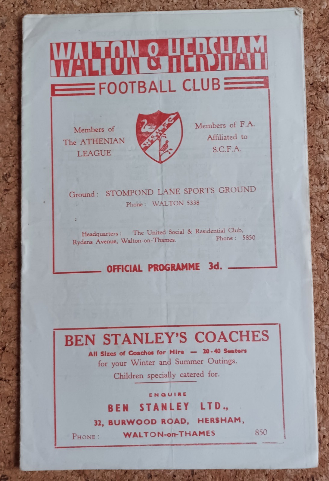 1957/58  WALTON & HERSHAM v SOUTHAMPTON  F.A.CUP 1ST ROUND  16/11/1957 for sale on Ebay