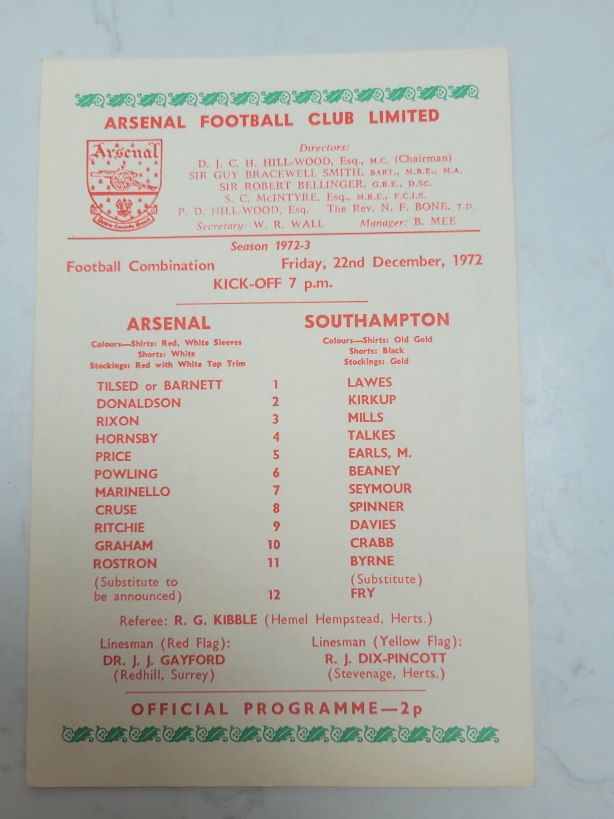 Arsenal Reserves V Southampton 22.12. 1972 - Football Combination for sale on Ebay