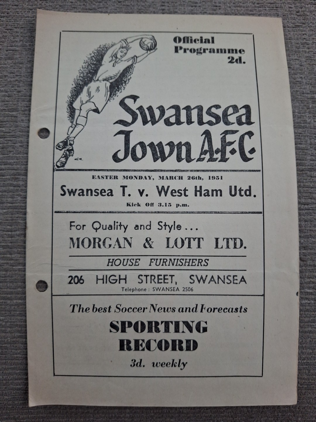 Swansea Town v West Ham United programme.  26/3/1951 for sale on Ebay
