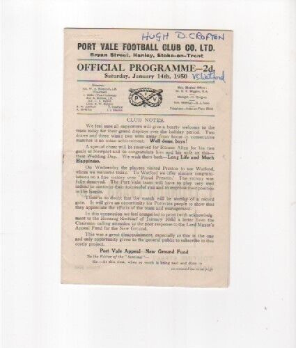 PORT VALE V WATFORD 1949-50 LEAGUE DIVISION THREE SATURDAY JANUARY 14TH 1950 for sale on Ebay