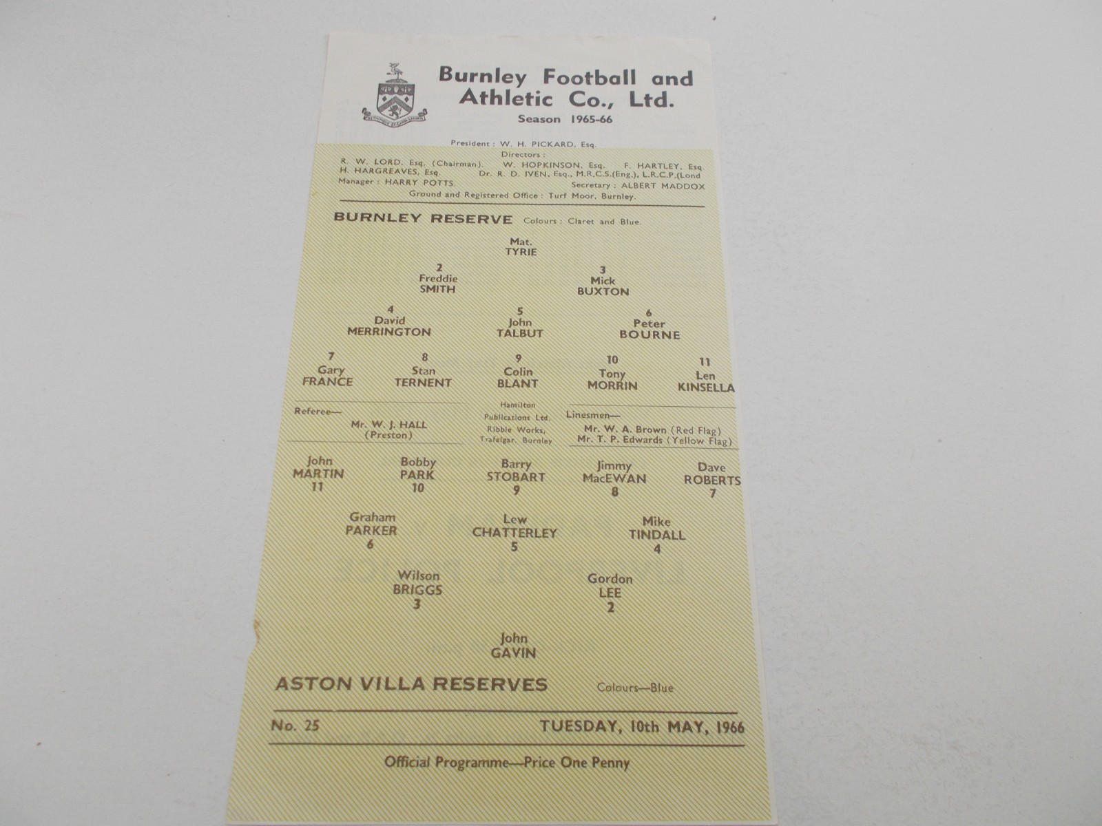 Burnley  v  Aston Villa  65/66  RESERVES for sale on Ebay