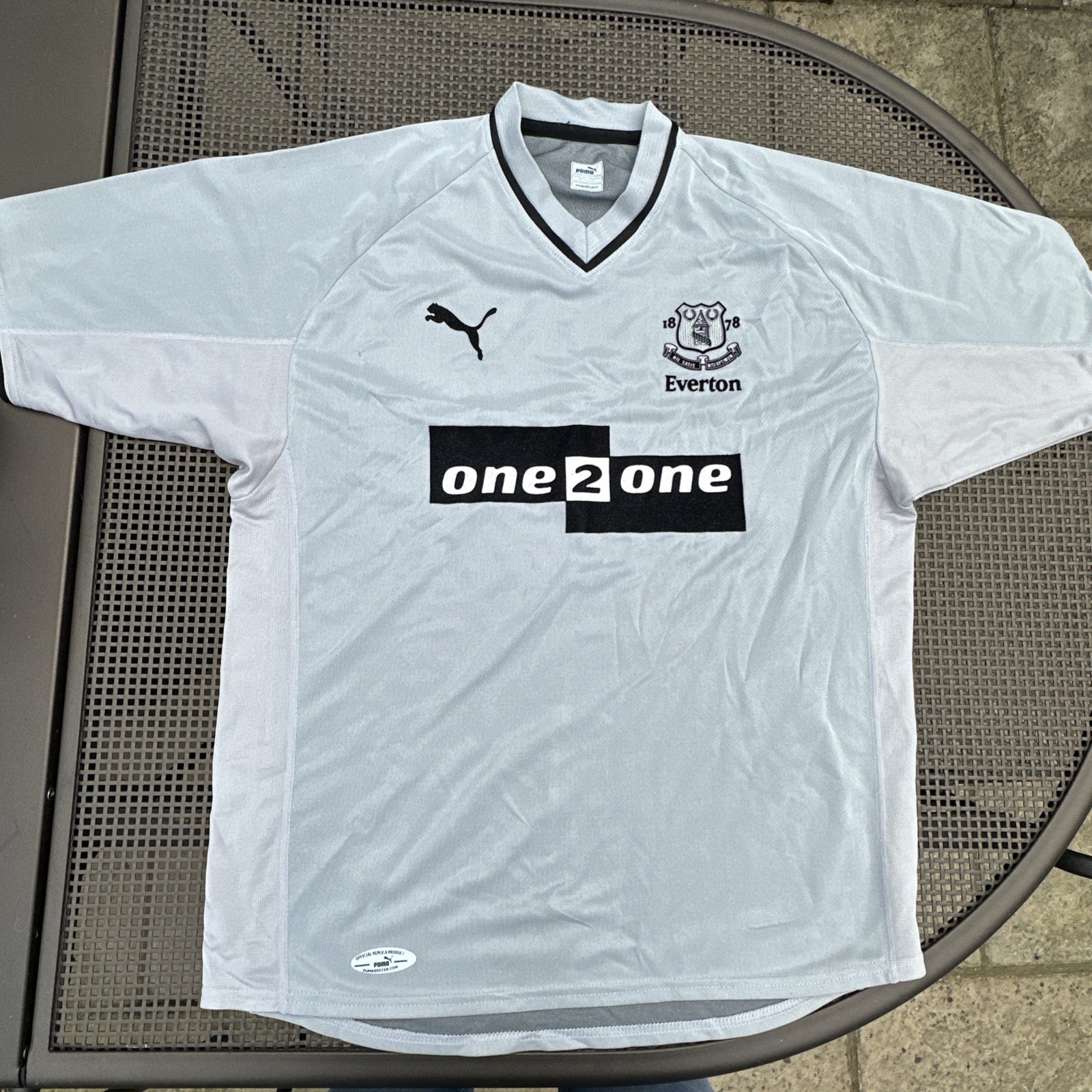 Official Puma Replica Everton Away Short Sleeve Shirt 01/02 XL Grey for sale on Ebay