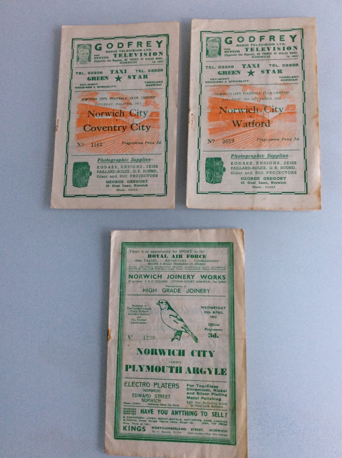 3 X NORWICH CITY HOMES V PLYMOUTH 1952, WATFORD 1954, COVENTRY 1955 for sale on Ebay
