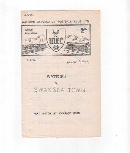 WATFORD V SWANSEA TOWN 1960-61 FRIENDLY 4TH MAY 1961 4 PAGE FOLDED SINGLE SHEET for sale on Ebay