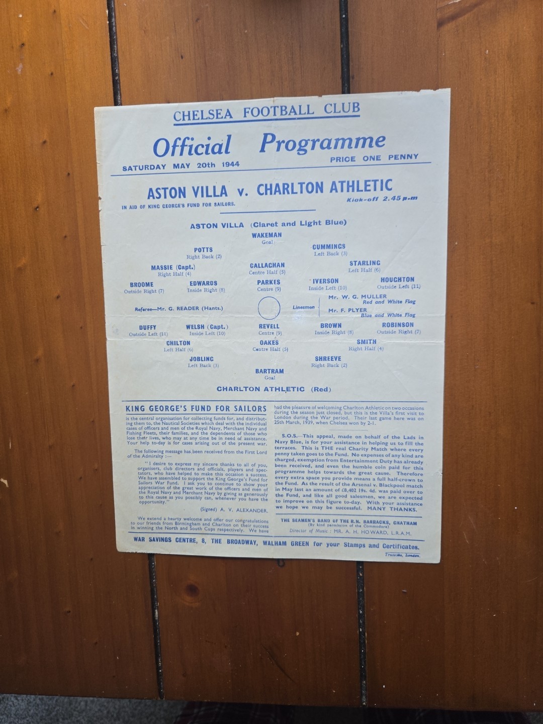1944 Fa War Cup Final aston villa l V Charlton for sale on Ebay
