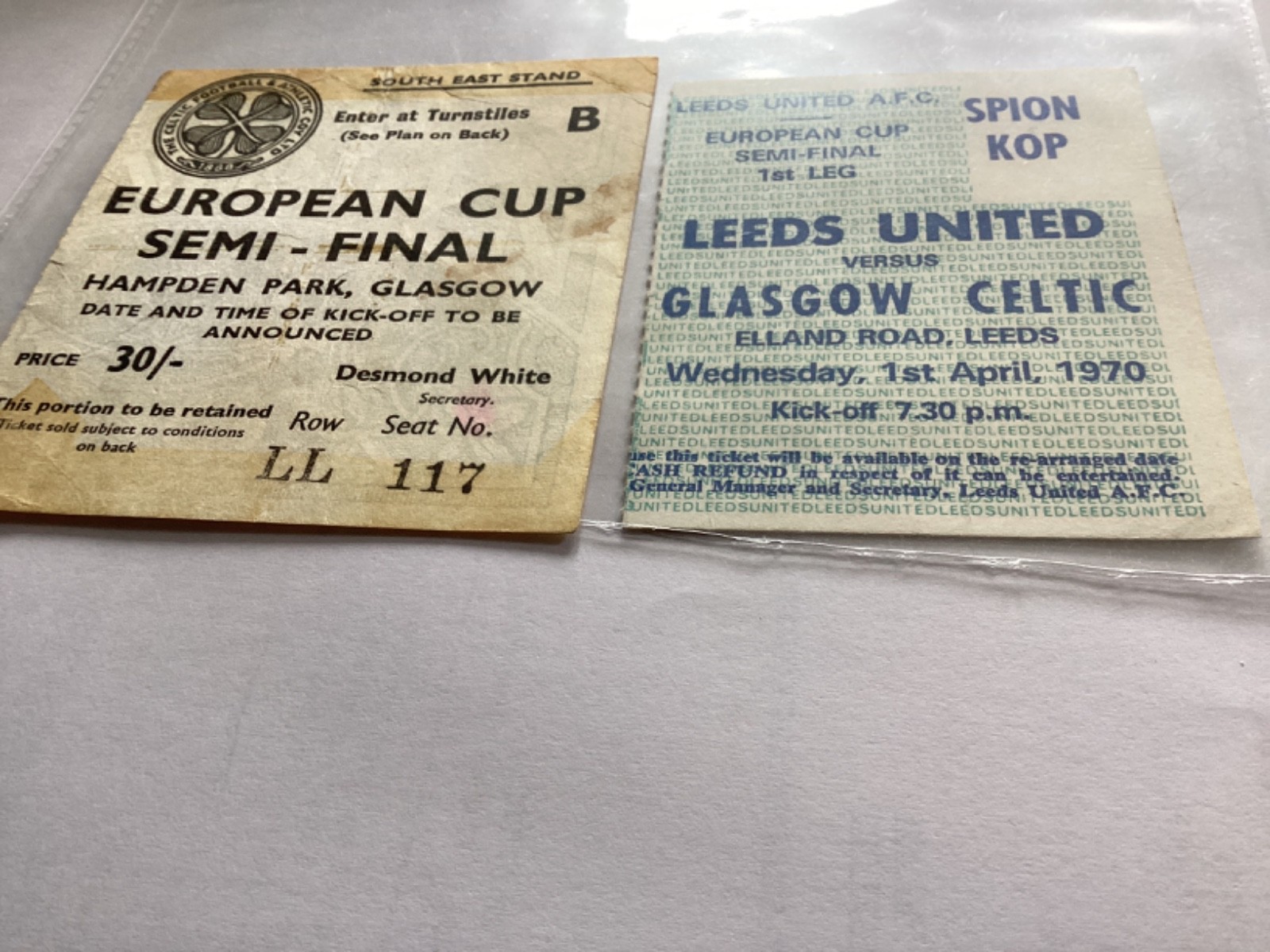 FOOTBALL TICKET , EUROPEAN CUP SEMI FINAL 1970 CELTIC V LEEDS UNITED BOTH LEGS for sale on Ebay