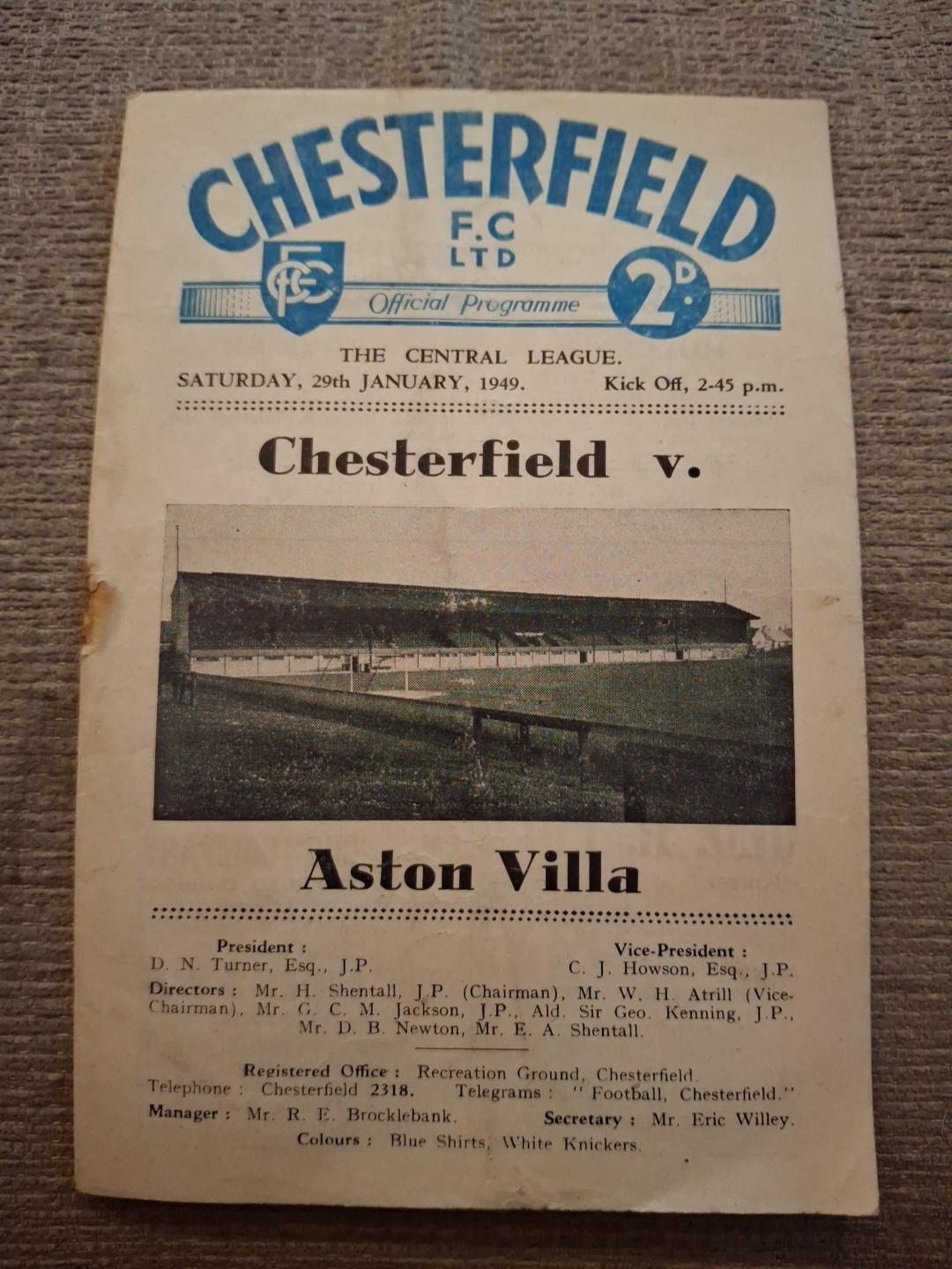 Chesterfield Reserves v Aston Villa Res programme.  29/1/1949 for sale on Ebay