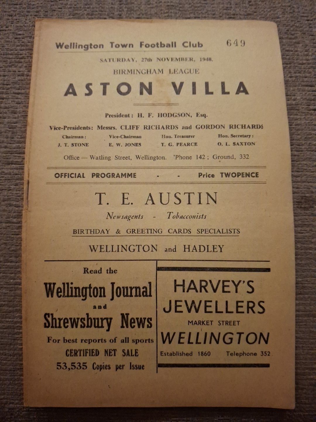 Wellington Town Res v Aston Villa programme.  27/11/1948  Birmingham League  for sale on Ebay
