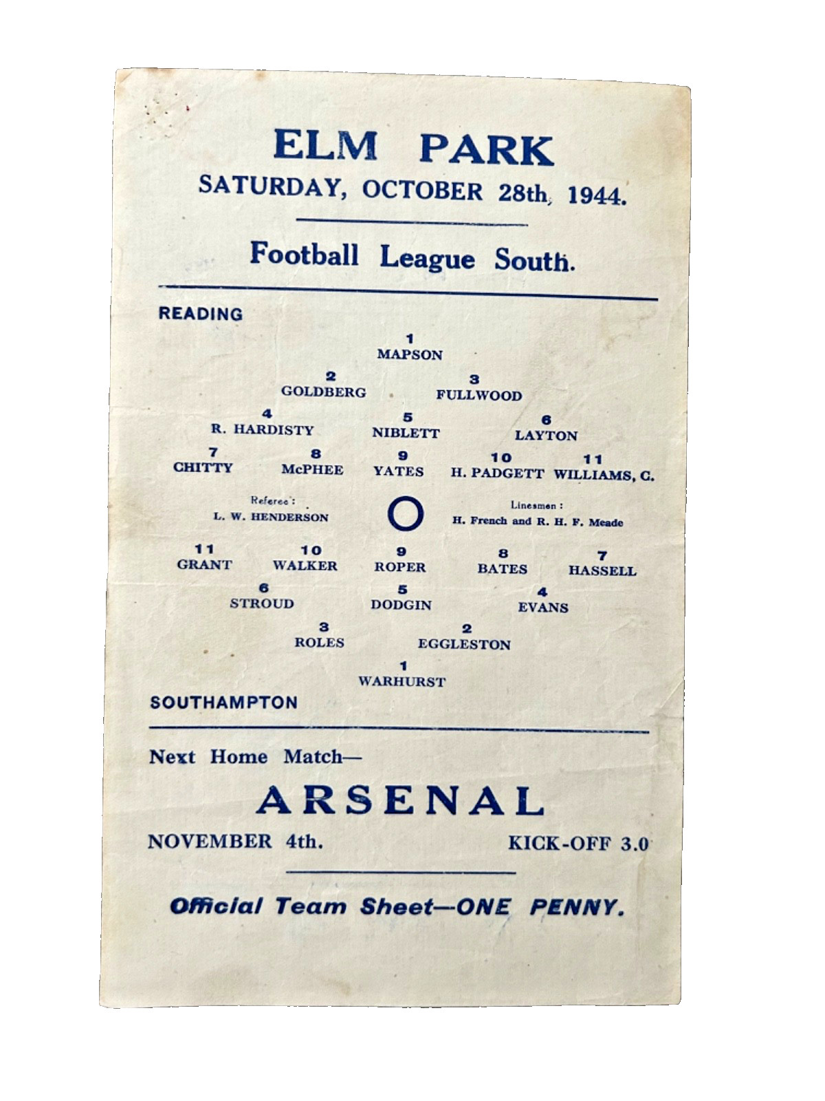 Vintage 1944/45 single sheet Reading v Southampton football programme for sale on Ebay