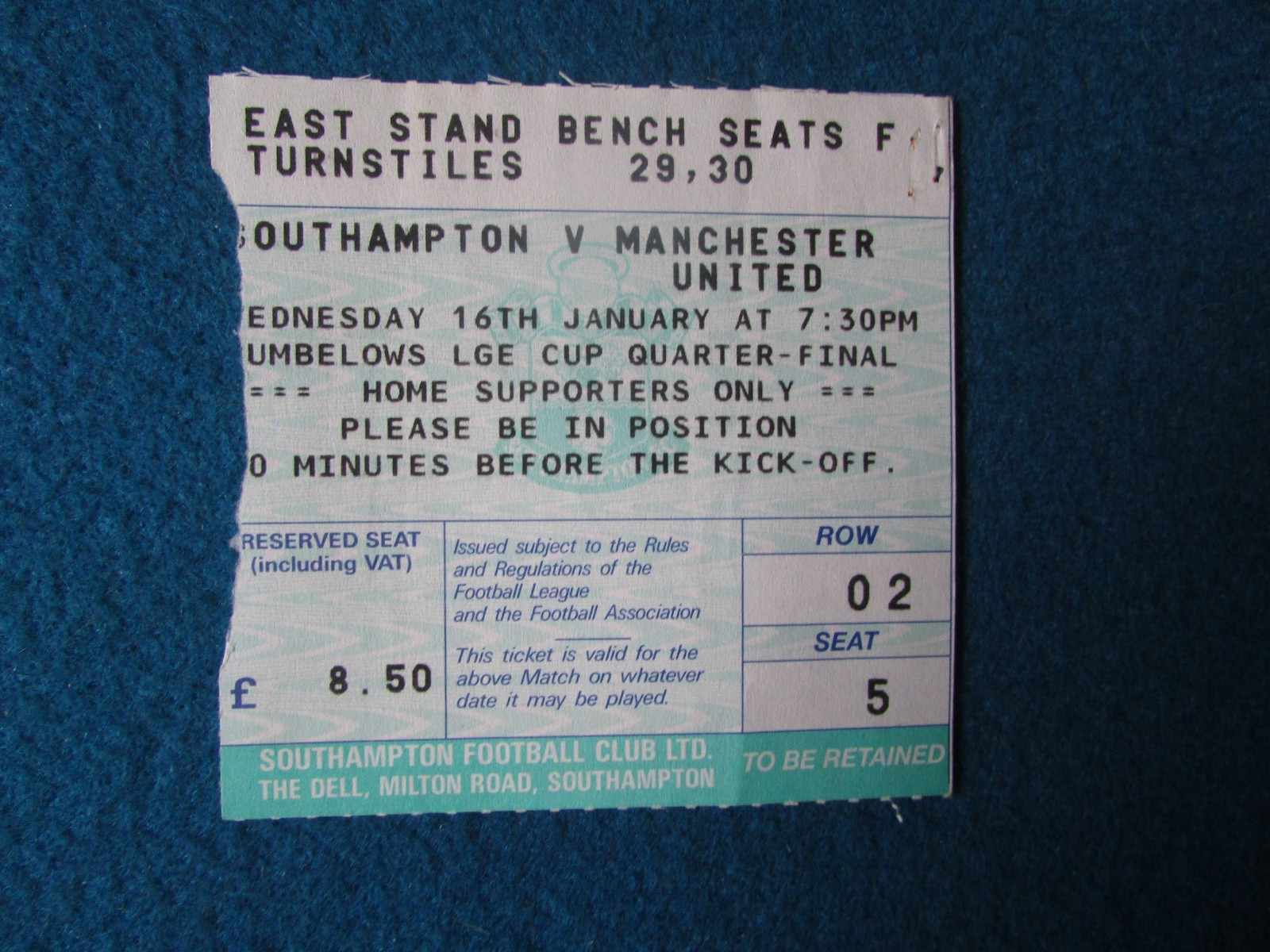 Southampton v Manchester United League Cup Quarter Final Ticket 16/1/91 for sale on Ebay