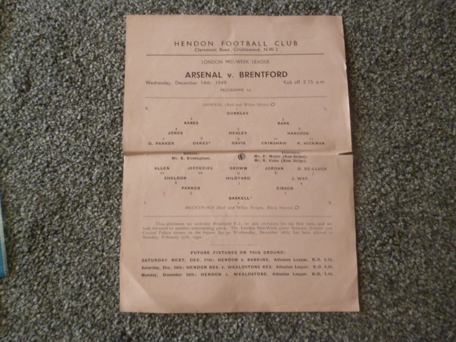 Arsenal v Brentford 1949/50 s/s London Mid Week Lge Programme at Hendon 14/12/49 for sale on Ebay