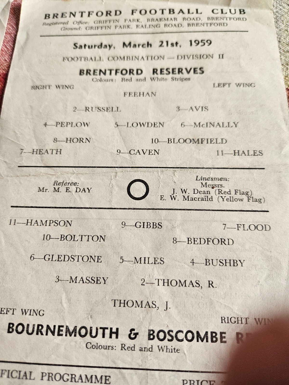 Brentford v Southend & Bournemouth Reserves. 2 separate programmes for sale on Ebay