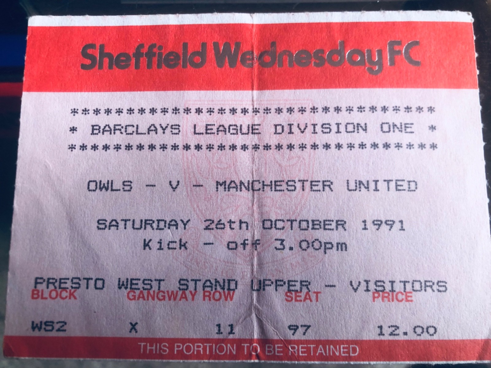 Sheffield Wednesday v Manchester United ticket 26th October 1991  Visitors Seat for sale on Ebay