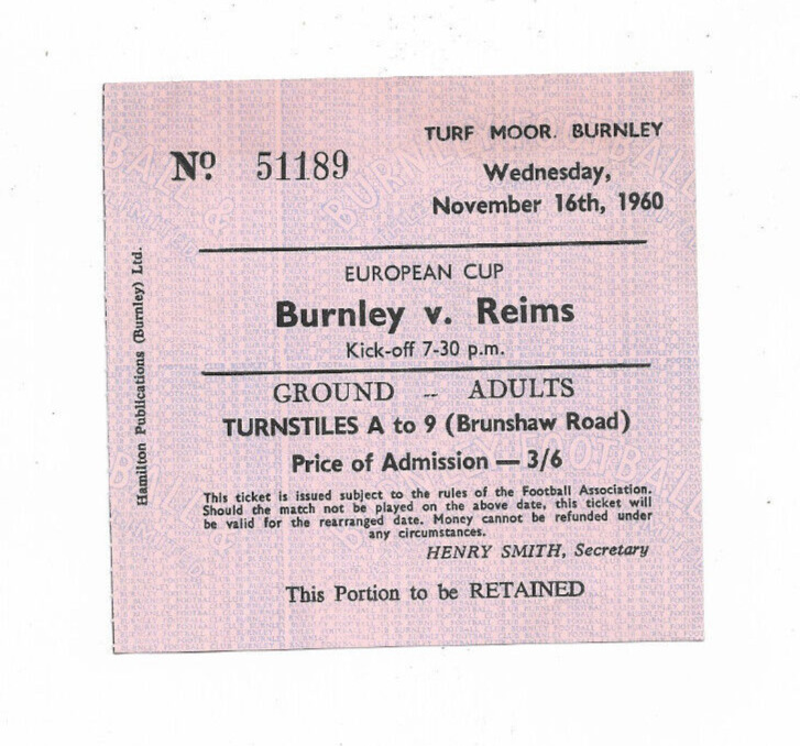 Ticket 1960/61 European Cup - BURNLEY v. STADE REIMS for sale on Ebay