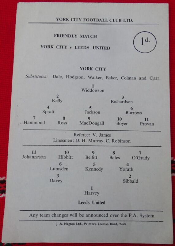 YORK CITY v LEEDS UNITED Programme 1960s FRIENDLY team sheet. for sale on Ebay