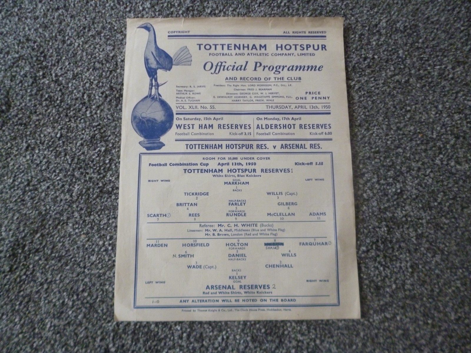 Tottenham Reserves v Arsenal Res 1949/50 s/s Football Combination Cup Programme for sale on Ebay